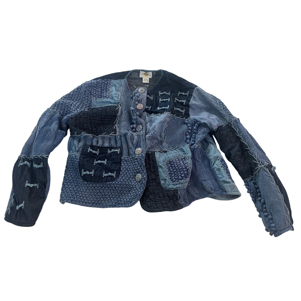 Sandy Starkman Blue Patchwork Knit Cardigan Jacket Womens Large Boho Art Wear
